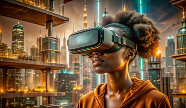 Woman with vr glasses in futuristic city